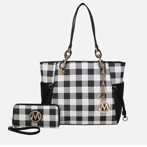 MFK Collection‎ by Mia K  Blue  and White Checkered Tote Bag with Wallet